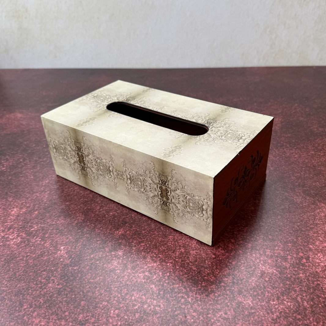 Rectangular tissue box cover with a textured surface on a red surface