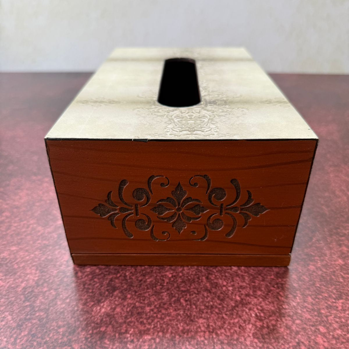 Wooden tissue box with decorative cutout