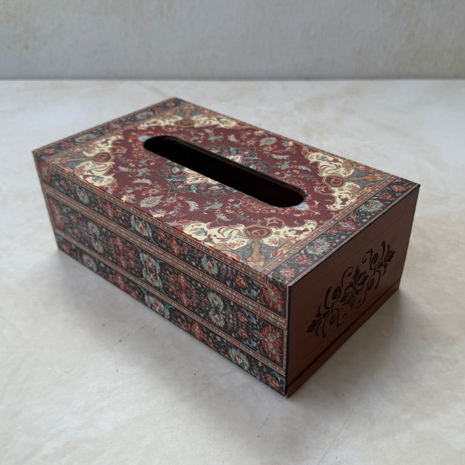 Decorative tissue box cover with persian patterns on a white surface