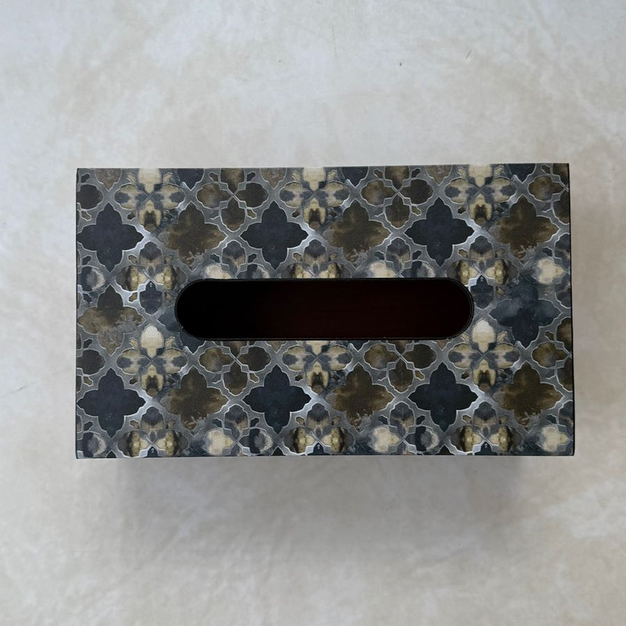 Tissue box cover with geometric pattern on a textured surface